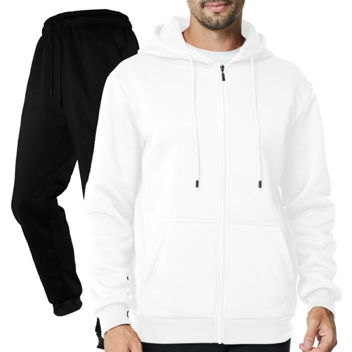 Unisex Plain White Full-Zip Fleece Tracksuit - Hoodie and Black Cuffed Joggers Set