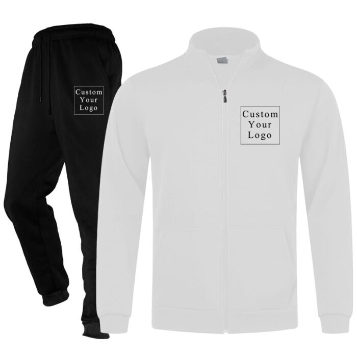 White Full-Zip Stand-Collar Fleece Tracksuit with Custom Print - Unisex & Free Design