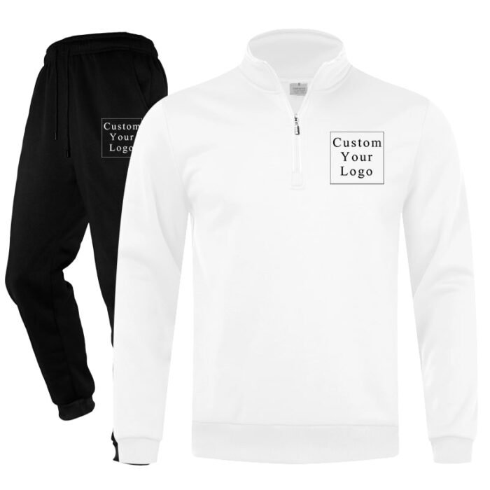 White Half-Zip Stand-Collar Fleece Tracksuit with Custom Print - Unisex & Free Design