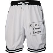 White Men's Drawstring Shorts with Custom Print, Zipper Pockets & Striped Hem - FREE Customization
