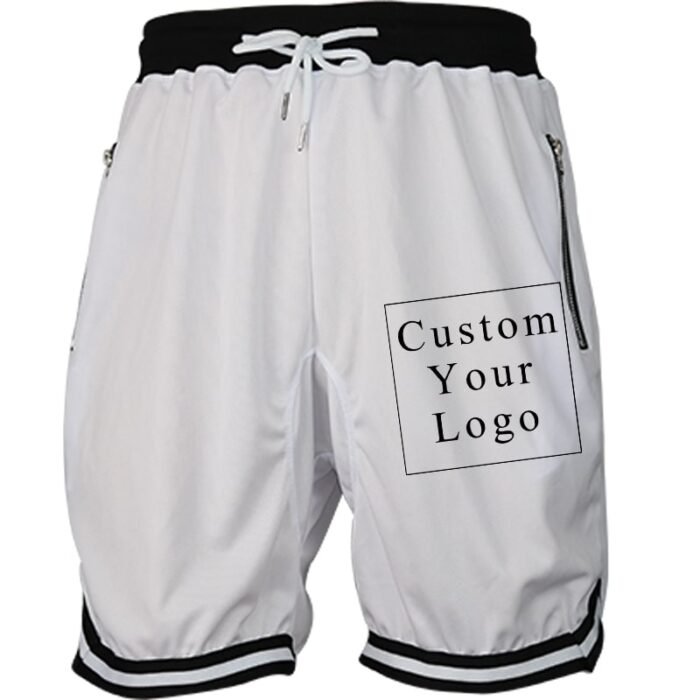 White Men's Drawstring Shorts with Custom Print, Zipper Pockets & Striped Hem - FREE Customization