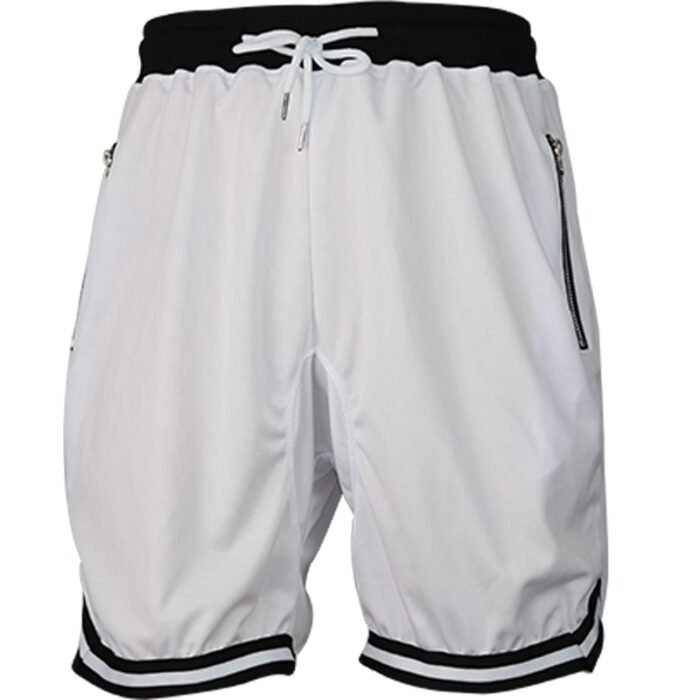 Plain White Men's Drawstring Shorts with Zipper Pockets & Striped Hem - Comfortable Casual Wear