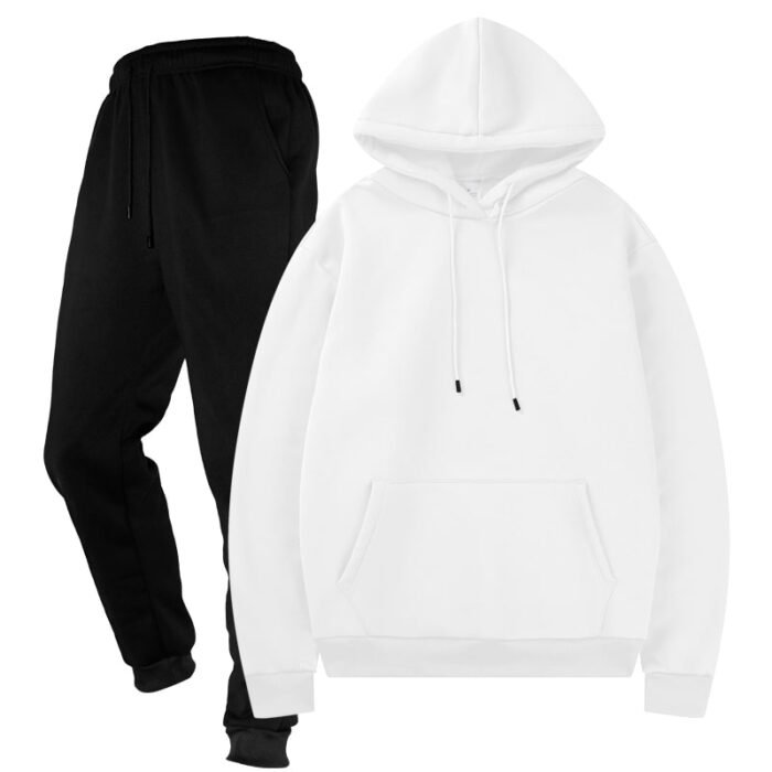Unisex Plain White Fleece Tracksuit - Hoodie and Black Cuffed Joggers Set
