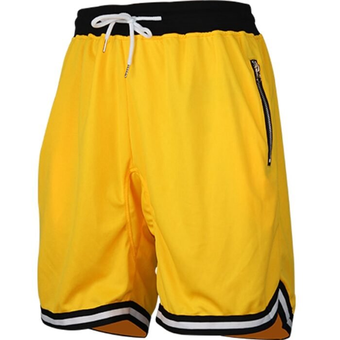 Plain Yellow Men's Drawstring Shorts with Zipper Pockets & Striped Hem - Comfortable Casual Wear