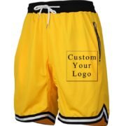 Yellow Men's Drawstring Shorts with Custom Print, Zipper Pockets & Striped Hem - FREE Customization
