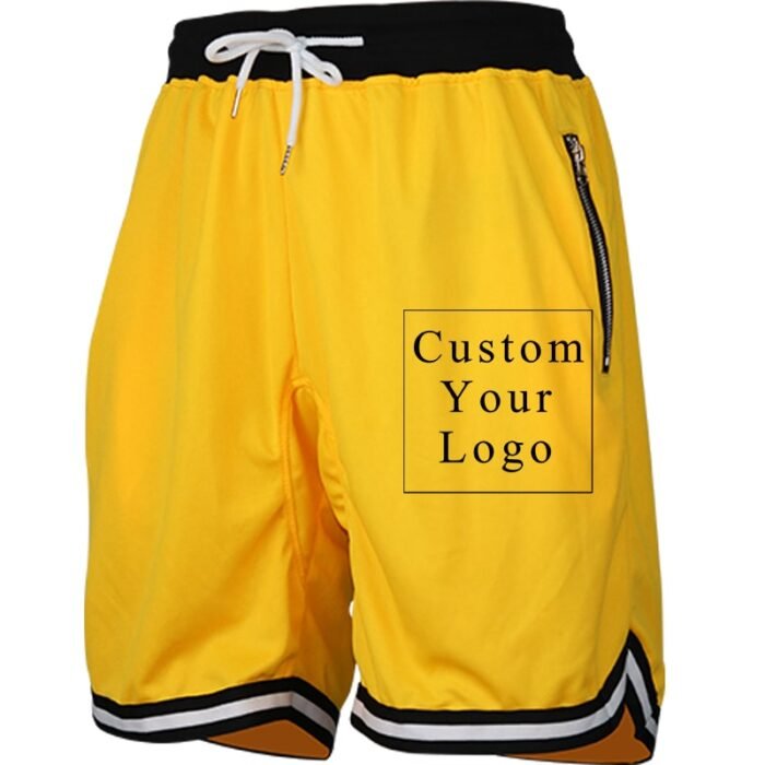 Yellow Men's Drawstring Shorts with Custom Print, Zipper Pockets & Striped Hem - FREE Customization