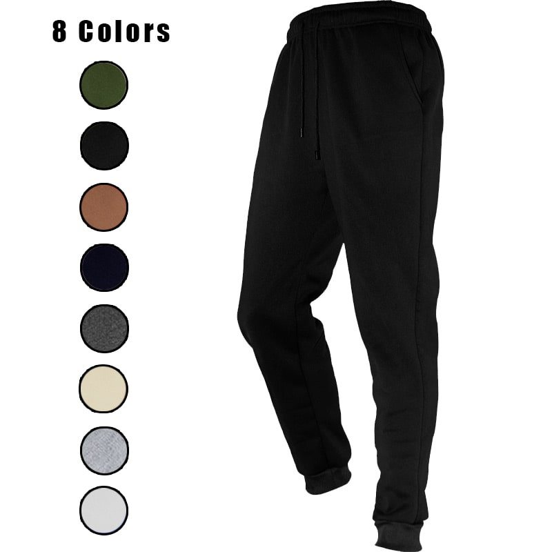 Men's 250G black jogger pants on model, showing tapered fit with ribbed cuffs. Available in 8 colors: Olive Green, Black, Brown, Navy Blue, Dark Grey, Beige, Light Grey, White.
