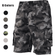 A pair of men's grey camouflage cargo shorts displayed on a white background, with a "6 Colors" label and six color swatches (black, beige, navy blue, army green, grey camo, green camo) on the left.