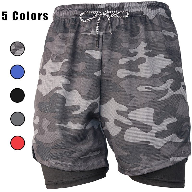 Men's 2-in-1 Running Shorts with Compression Liner - Available in 5 Colors (Camo Grey, Blue, Black, Grey, Red) for FREE Custom Print or Plain