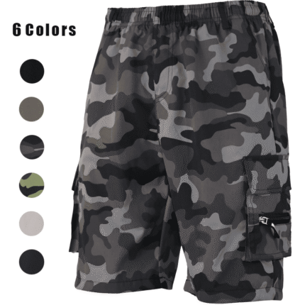 A pair of men's grey camouflage cargo shorts displayed on a white background, with a "6 Colors" label and six color swatches (black, beige, navy blue, army green, grey camo, green camo) on the left.