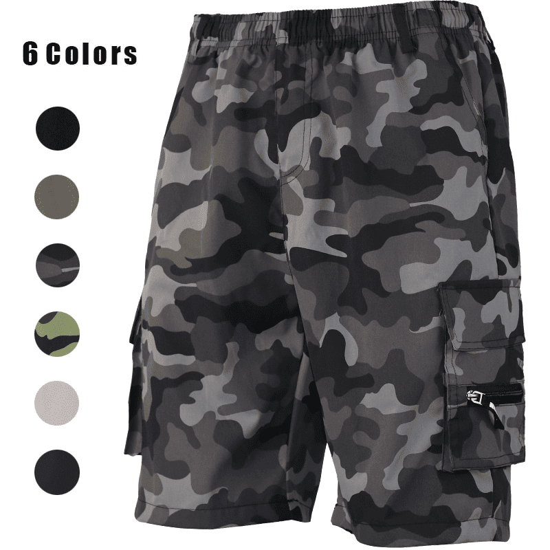 A pair of men's grey camouflage cargo shorts displayed on a white background, with a "6 Colors" label and six color swatches (black, beige, navy blue, army green, grey camo, green camo) on the left.