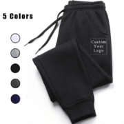 A pair of black men's jogger sweatpants with an elastic waistband, drawstring, cuffed ankles, and side pockets. The image also shows five color options (white, gray, black, dark gray, navy blue) and text "Custom Your Logo."