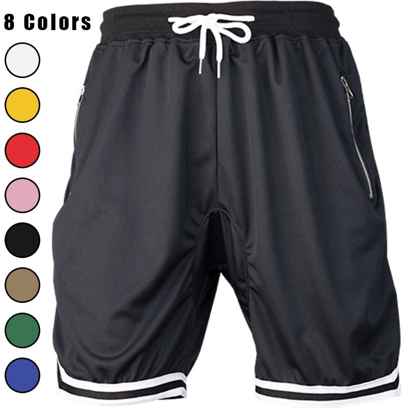 Men's Drawstring Shorts with Zipper Pockets and Striped Hem - Available in 8 Colors for FREE Custom Print or Plain
