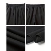 Quad panel image of black sweatpants/joggers showing elastic waistband with internal drawstring, side pockets, ribbed ankle cuffs, and smooth fabric texture