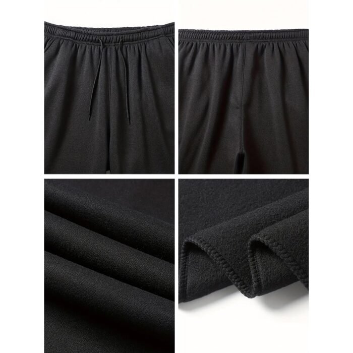 Quad panel image of black sweatpants/joggers showing elastic waistband with internal drawstring, side pockets, ribbed ankle cuffs, and smooth fabric texture