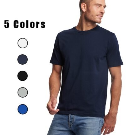 Men's Plain Crew Neck T-shirt in Navy Blue on Model - Available in 5 Colors (White, Dark Grey, Black, Light Grey, Blue