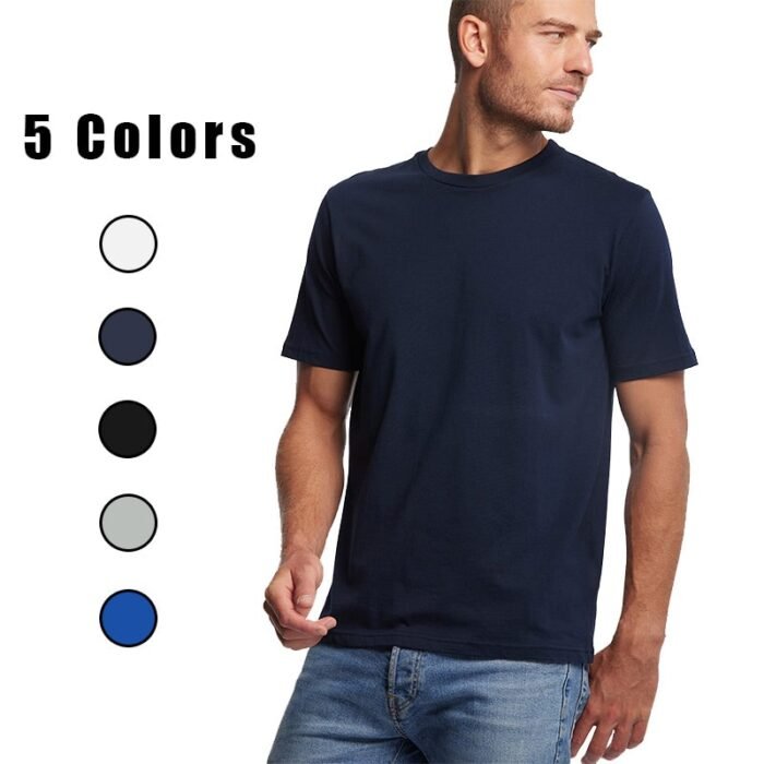 Men's Plain Crew Neck T-shirt in Navy Blue on Model - Available in 5 Colors (White, Dark Grey, Black, Light Grey, Blue