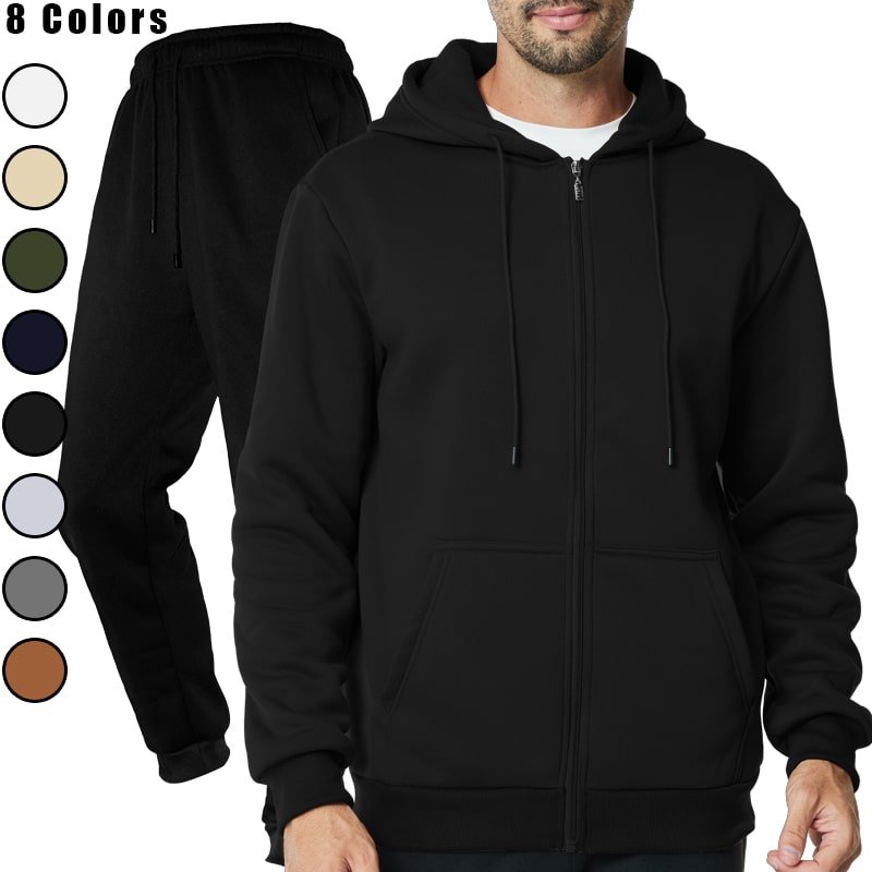 A man wearing a black zip-up hooded sweatshirt and matching black jogger sweatpants set, with color swatches for various colors displayed on the right.
