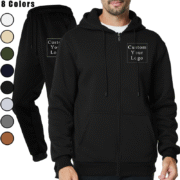 A man wearing a black zip-up hooded sweatshirt and matching black jogger sweatpants set, with color swatches for various colors displayed on the right.