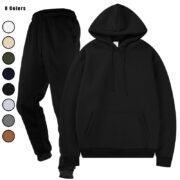 Stack of folded hooded sweatshirt and jogger sweatpants sets in multiple colors, including black, dark grey, light grey, and beige.