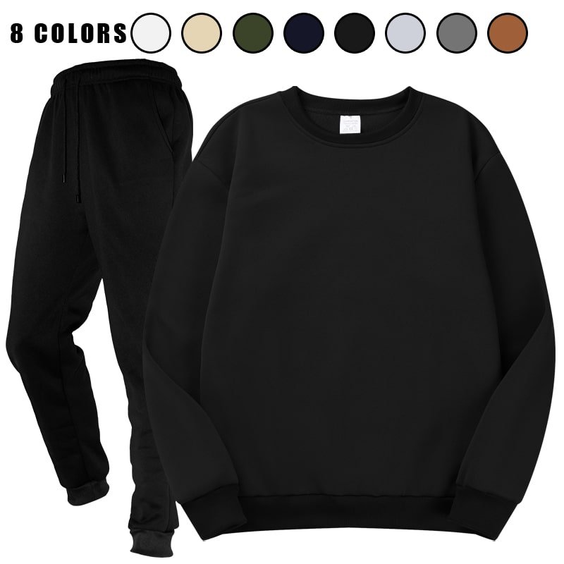Stack of folded crewneck sweatshirt and jogger sweatpants sets in various colors, including black, dark grey, light grey, and beige.