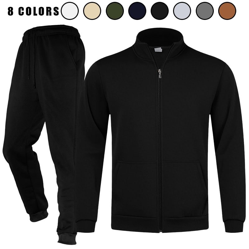 Stack of folded stand-collar full-zip sweatshirt and jogger sweatpants sets in various colors, including black, dark grey, light grey, and beige.