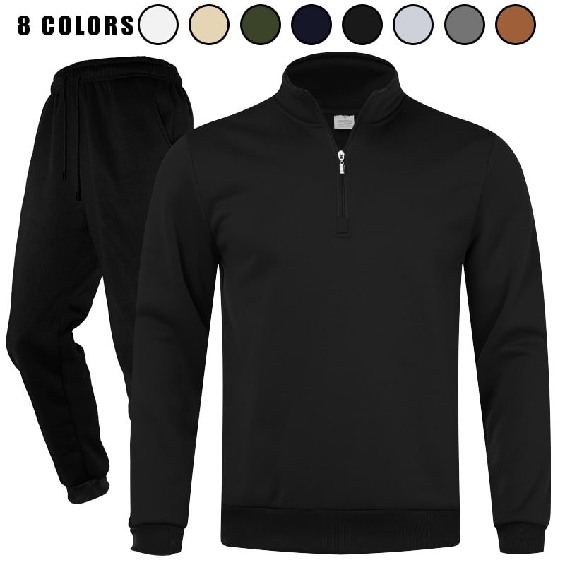 Stack of folded stand-collar half-zip sweatshirt and jogger sweatpants sets in various colors, including black, dark grey, light grey, and beige.