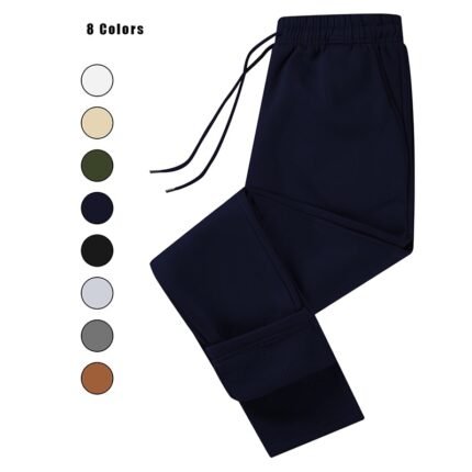 Folded navy blue straight-leg pants with elastic waistband, showing available in 8 colors: White, Khaki, Army Green, Navy Blue, Black, Light Grey, Dark Grey, Brown.