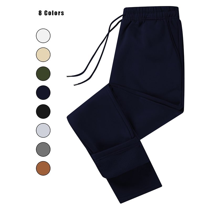 Folded navy blue straight-leg pants with elastic waistband, showing available in 8 colors: White, Khaki, Army Green, Navy Blue, Black, Light Grey, Dark Grey, Brown.