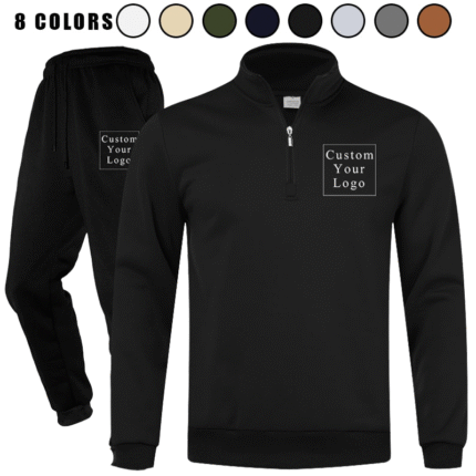 Stack of folded stand-collar half-zip sweatshirt and jogger sweatpants sets in various colors, including black, dark grey, light grey, and beige.