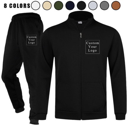 Stack of folded stand-collar full-zip sweatshirt and jogger sweatpants sets in various colors, including black, dark grey, light grey, and beige.