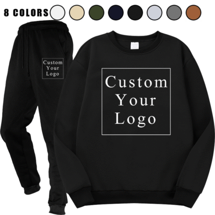 Stack of folded crewneck sweatshirt and jogger sweatpants sets in various colors, including black, dark grey, light grey, and beige.