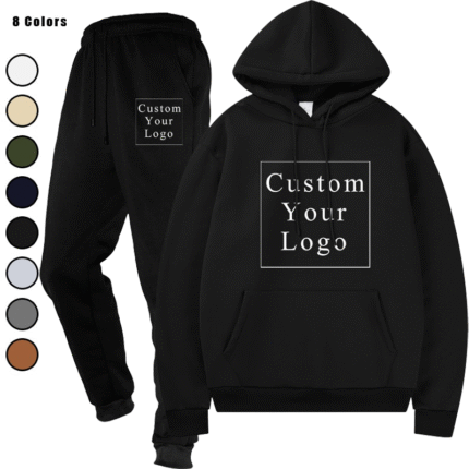Stack of folded hooded sweatshirt and jogger sweatpants sets in multiple colors, including black, dark grey, light grey, and beige.