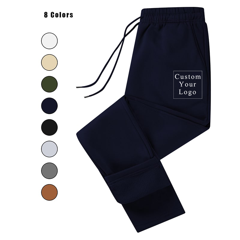 Folded navy blue straight-leg pants with elastic waistband, showing available in 8 colors: White, Khaki, Army Green, Navy Blue, Black, Light Grey, Dark Grey, Brown.