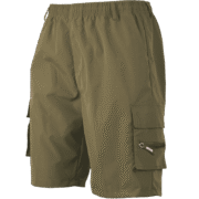 A pair of solid army green men's cargo shorts, showcasing its utility pockets and comfortable fabric.