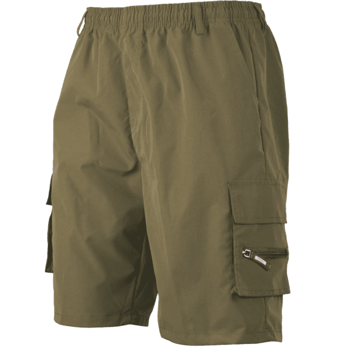 A pair of solid army green men's cargo shorts, showcasing its utility pockets and comfortable fabric.