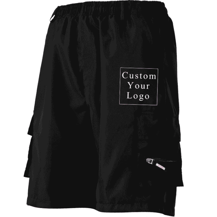 A pair of black men's cargo shorts with visible space for custom prints, highlighting its customizability.