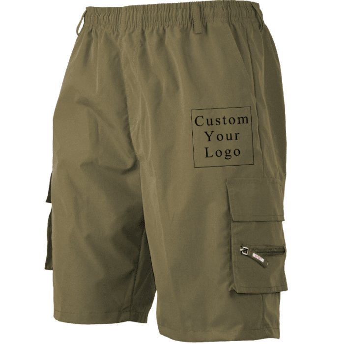 A pair of army green men's cargo shorts ready for custom prints, emphasizing its customizable feature.