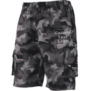 A pair of grey camouflage men's cargo shorts, designed to allow for additional custom print application.