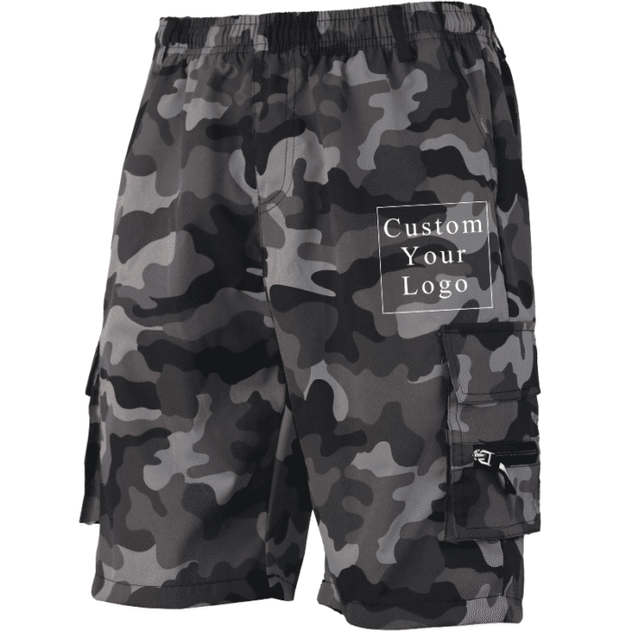 A pair of grey camouflage men's cargo shorts, designed to allow for additional custom print application.