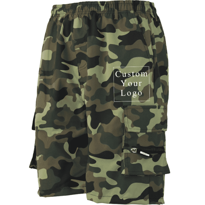 A pair of green camouflage men's cargo shorts, highlighted as suitable for custom print application.