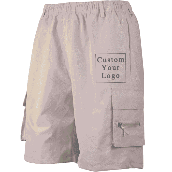 A pair of off-white men's cargo shorts with ample space for adding custom prints.