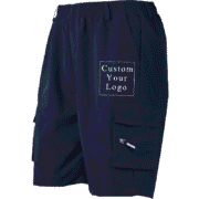 A pair of navy blue men's cargo shorts displayed as a customizable item for adding prints.