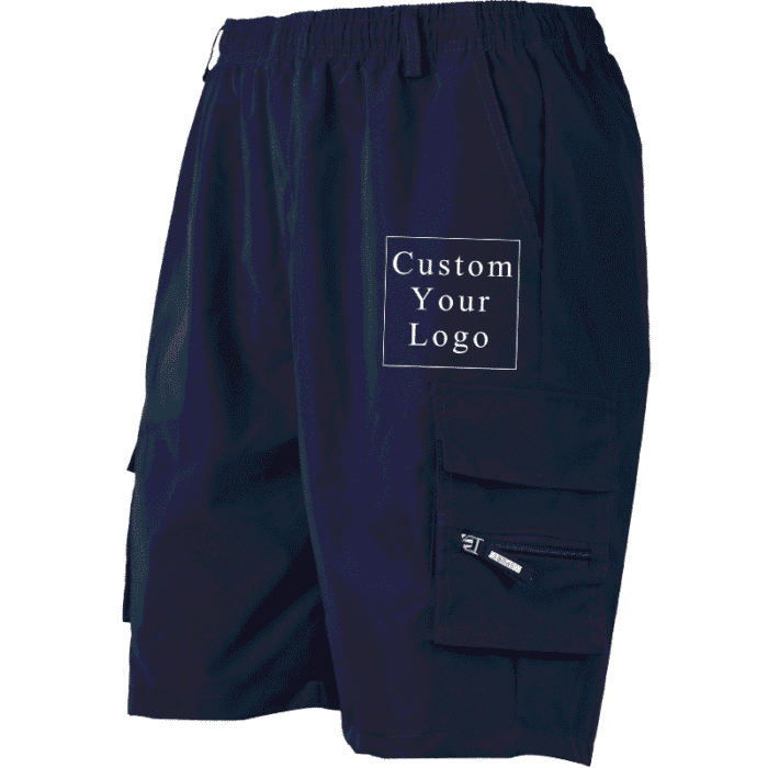 A pair of navy blue men's cargo shorts displayed as a customizable item for adding prints.
