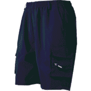 A pair of dark blue men's cargo shorts, appearing smooth in front and showing its durable nature.