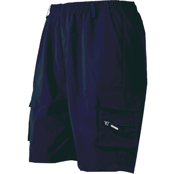 A pair of dark blue men's cargo shorts, appearing smooth in front and showing its durable nature.