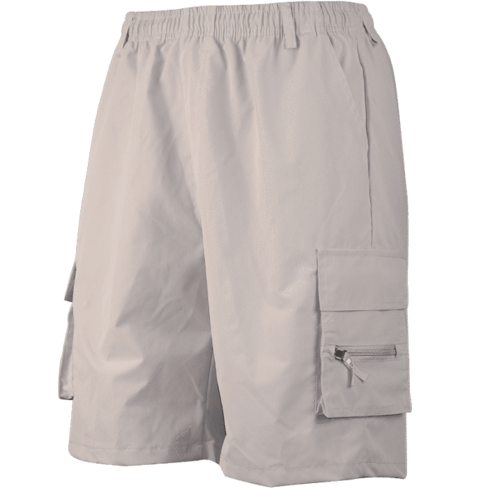 A pair of off-white men's cargo shorts, appearing lightweight and highlighting its utility details.