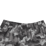 Close-up top view of the elastic waistband and upper front of grey camouflage men's cargo shorts, showing the textured elastic and gathering.