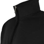 Close-up of the stand-collar and the half-zipper pull on a black stand-collar half-zip sweatshirt, part of a Stand-Collar Half-Zip Sweatshirt Set.