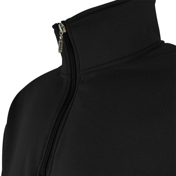 Close-up of the stand-collar and the half-zipper pull on a black stand-collar half-zip sweatshirt, part of a Stand-Collar Half-Zip Sweatshirt Set.
